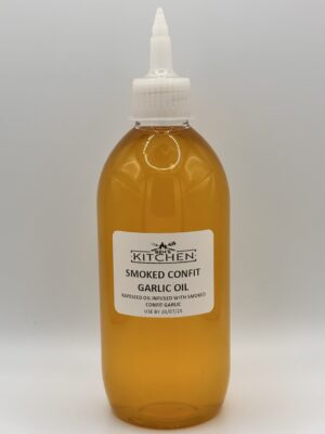 smoked confit garlic oil in plastic bottle with spout